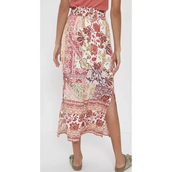 Anthropologie Indira Patchwork Boho Maxi Skirt Pink Rose Smocked Slit Large NEW - Picture 4 of 10